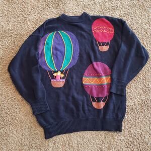 Tulchan 100% cotton vintage hot air balloon knit sweater black multi color L